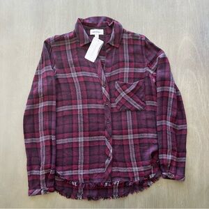 NWT Cloth & Stone Burgundy Plaid Shirt Fall Shacket Fringe Hem Small